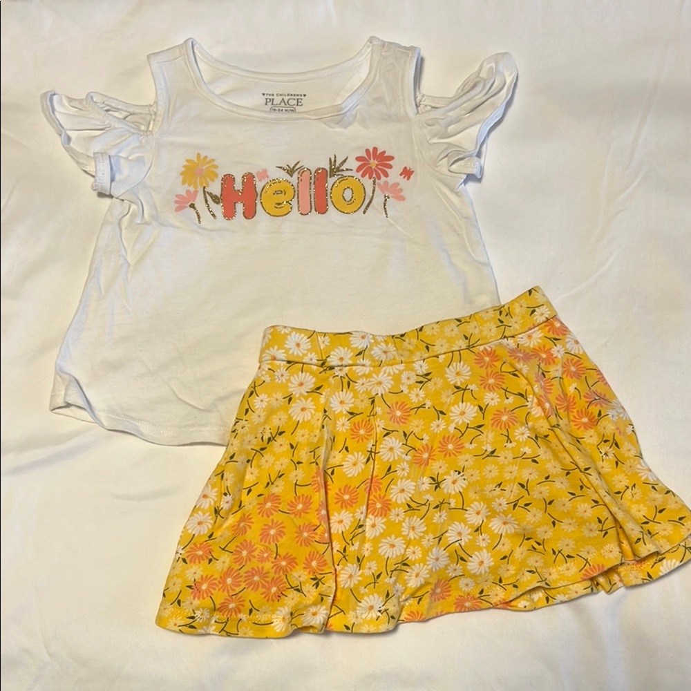 The Children's Place White Top and Yellow Floral Skirt 18-24 Months